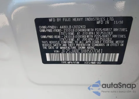 2017 Subaru Forester 2.5I из США, поврежденный, VIN JF2SJABC3HH507041